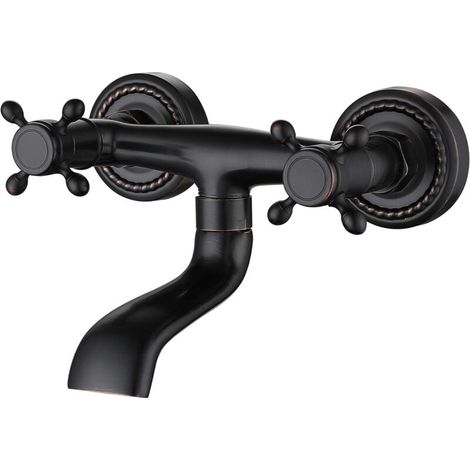 Badewannenarmatur im europäischen Stil, komplett aus schwarzem Kupfer, an der Wand montierte Badezimmerarmatur, Badewannenarmatur mit zwei Griffen für heißes und kaltes Wasser MUMU (1/4)