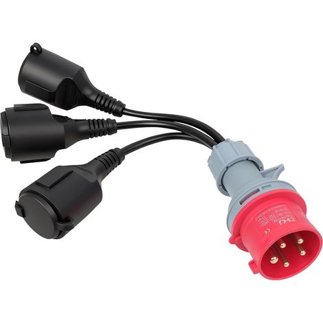 Adaptateur, prise 5 broches 400V 16A vers 3 prises Schuko 230V, câble de distribution d'alimentation haute intensité étanche IP44 pour caravanes, camping, chantiers de construction (1/5)