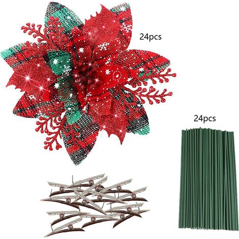 (Packung mit 24 Stück + 24 Klammern + 24 Stäbchen + 0,3 Verpackungsgebühr) 14,5 cm Weihnachtsdekorationen: Goldglitzerblumen, Weinrebenkränze, Weihnachtsblumen für Türen und Fenster (rot und grün). (1/2)