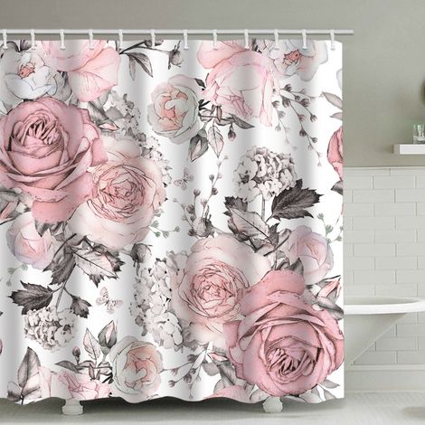 Rideau de douche rose à fleurs avec 12 crochets en plastique (1/4)