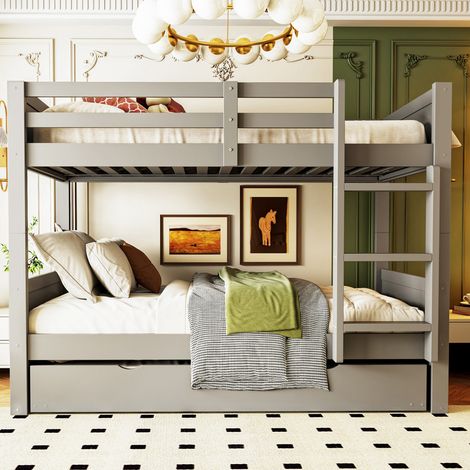 Lit superposé en bois pour enfants 90x200 cm avec lit gigogne, convertible en 2 lit simple, sommier à lattes, Gris (1/5)