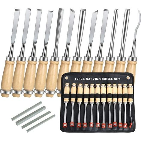 EASYCOMFORT Ciseaux a Bois, 12PCS Outil de Gravure Bois Kit, Décapage Couteau Sculpture sur Bois avec Manche en Bois et Moulinet, pour Débutants, Sculpteur, Charpentier, Amateur (1/5)