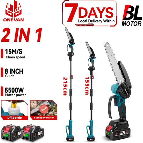 Scie à chaîne électrique sans fil 8 pouces 2 en 1, outil de taille d'arbres et de branches hautes pour batterie Makita 18V, avec 2 batteries (1/5)