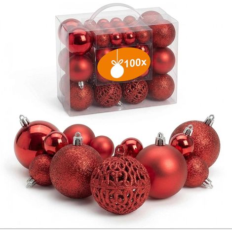 Kunststoff Christbaumkugel Set 100-teilig bruchsicher - rot - Design Weihnachtskugeln inklusive Metall Haken