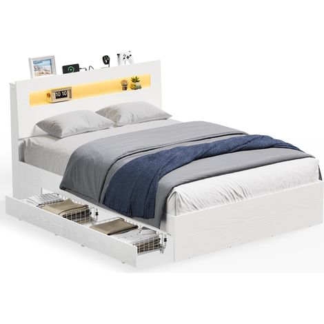 Vasagle – Lit double 140 x 190 cm avec 2 tiroirs coulissants – Structure en acier – 3 ports USB et lumière RVB – Blanc mat