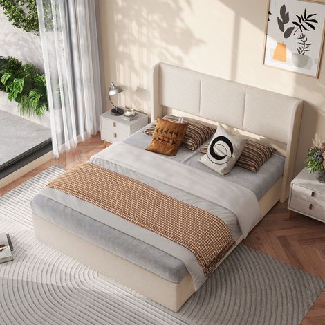 Lit coffre 160x200, lit 160x200 avec sommier, lit 2 personnes capitonné en tissu beige clair, sommier à lattes, rangement hydraulique et cadre rembourré (1/5)