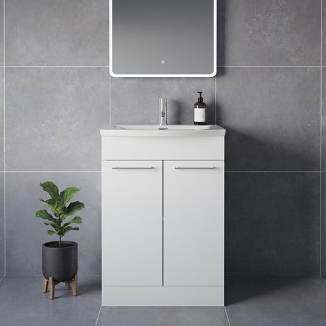 Napoli 390 Gloss White 600mm 2 Door Vanity Unit with Arc Basin - 600mm - Chrome 160mm Handle