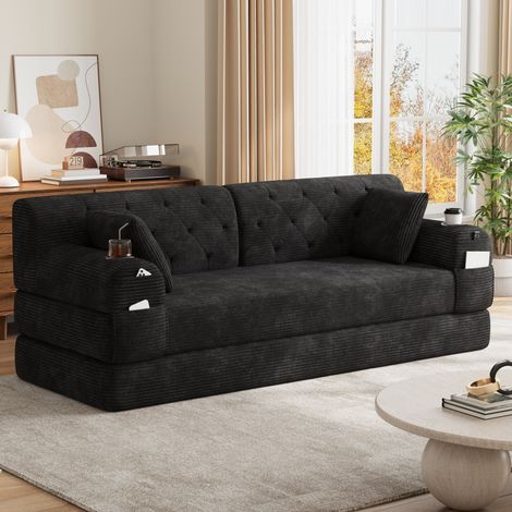 Sofá cama de 3 plazas (208x80x81 cm), con respaldo alto, 4 bolsillos laterales, 2 portavasos, sin montaje, tejido de pana, negro (1/5)