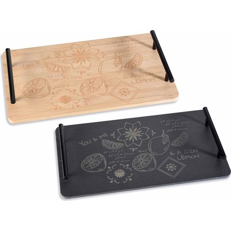 Tagliere a vassoio alimentare in bamboo e ardesia con manici in metallo con decori cocktail / drink, set da 2 pezzi, cm 35 x 20 x 4,5 H
