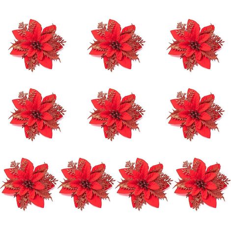 10 künstliche, glitzernde Weihnachtssternblumen (14 cm) – Christbaumschmuck, Weihnachtsdekoration für Zuhause, Neujahr, Rot (1/5)