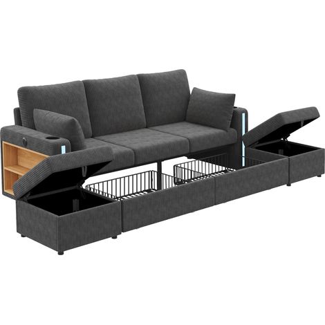 Divano modulare U/L grigio in velluto a coste con pouf contenitore e LED (1/5)