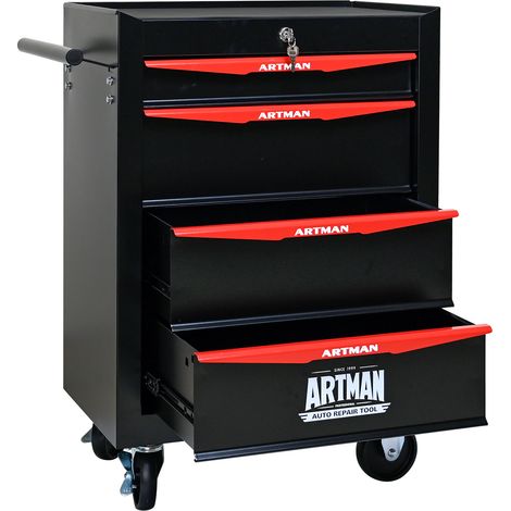 Chariot d'atelier mobile en acier avec 4 tiroirs, 60 x 33 x 77,5 cm, noir et rouge (1/5)