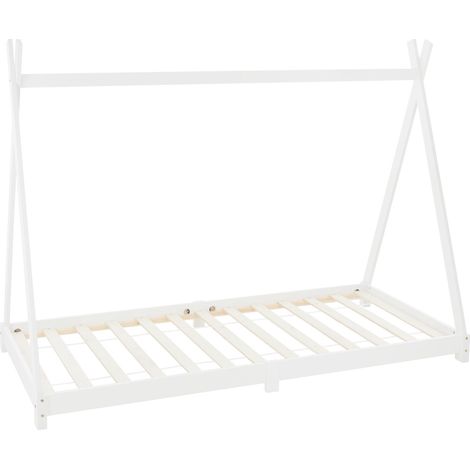 ML-Design Letto Montessori Tipi per Bambini 90 x 200 cm Bianco, in Legno di Pino Massiccio, con Rete a Doghe, Lettino Basso a Forma di Tenda Indiana, Giroletto Singolo a Capanna per Cameretta