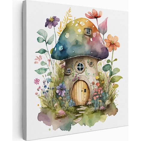 Tableau toile Enfants Carré - Maison Champignons - 80x80 cm (1/2)