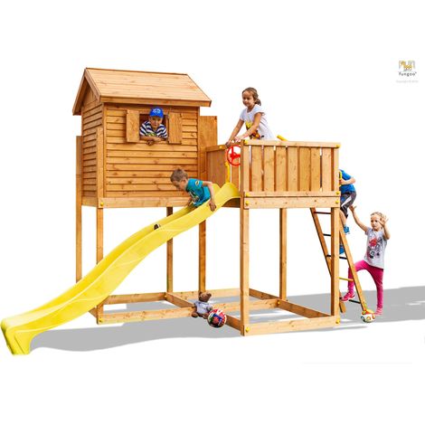 FUNGOO Aire de jeux MYSIDE avec triple plateforme, cabane, échelle, toboggan jaune & accessoires de jeux - Kit sécurité ancrage (1/5)