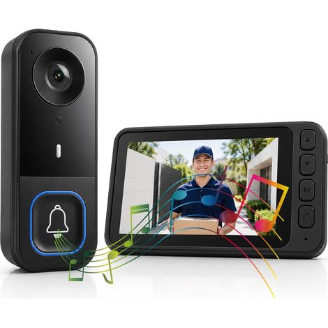 Sonnette Sans Fil Exterieur Etanche Angle 120° Sans WiFi ni App, Visiophone Sans Fil avec Camera Audio Bidirectionnel Vision Nocturne, Interphone Video Sans Fil Ecran 4,5" IPS, Batterie Longue Duree (1/5)