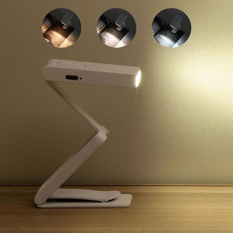 Faltbare Leselampe mit Clip, USB-aufladbar, Augenschutz, zur Befestigung an Büchern im Bett, tragbar, 3 Beleuchtungsmodi, weiß (1/4)