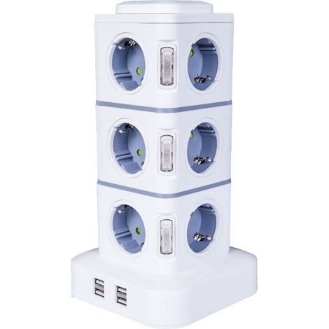 Tour Multiprise, 12 Prises Multiprise Electrique (2500W / 10A) avec 4 Ports USB, Multi Prises électriques Parafoudre Multiprise Verticale pour Maison Bureau, Rallonge 3M (1/4)