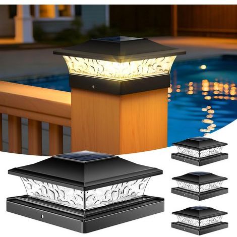 Post Cap Lights, 4-Pack Upgraded Outdoor Deck Fence Post Solar Lights for 4x4 5x5 Wood/Vinyl Posts, IP65 Waterproof, 10-12 Hours Warm/Cool White Glow for Garden/Patio/Porch - Black (1/5)
