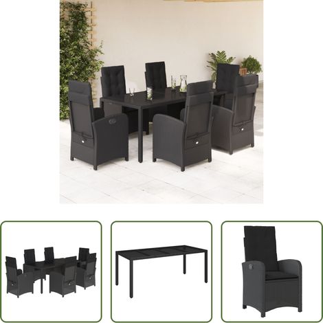 vidaXL Gartenessgruppe - 7-tlg. Garten-Essgruppe mit Kissen Schwarz Poly Rattan (1/5)