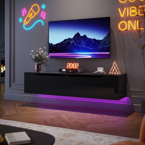 SIRHONA Tableau TV avec éclairage LED Suspendu Noir Brillant 140 cm Moderne 2 abattants (1/5)