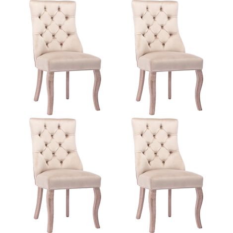 Chaise à 4 pieds, chaise de salle à manger en velours beige, dossier haut, capitonnage à boutons, structure en bois massif, beige (ensemble, 4 pièces) (1/5)