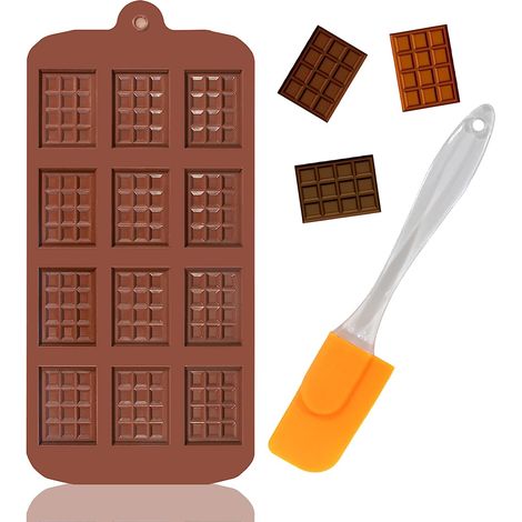 Chocolate Silicone Mold, 12 Cavities Non-Stick Chocolate Molds + 1 Scraper, Mini Chocolate Bar Mould, for Homemade Chocolate Pieces, Waffles, Pralines, Candy, Cake Decorating (1/5)