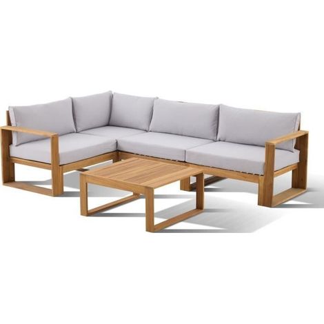 Salon de jardin d’angle modulable pour 5 personnes – Structure en bois d’acacia gris – Table rectangulaire 80 x 75 x 38 cm – Configuration réversible – Bocarnea (1/5)