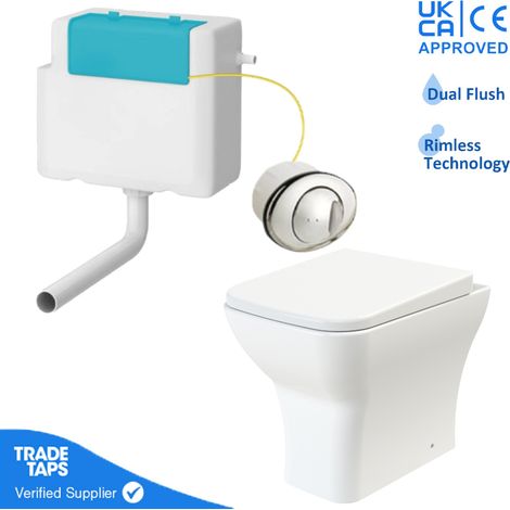 Rimless Back to Wall Toilet BTW Pan Square Soft Close WC Concealed Cistern Flush - Chrome Round (1/3)