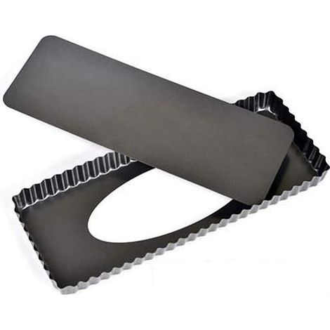 Moule à pizza rectangulaire de 36,5 x 14,5 x 3 cm, en acier au carbone antiadhésif, avec fond en dentelle. (1/4)