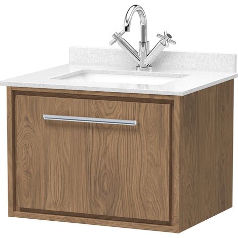 Longnor 1 Drawer Wall Hung Vanity Unit with Square Basin and Marble Worktop, Antique Oak, 600mm