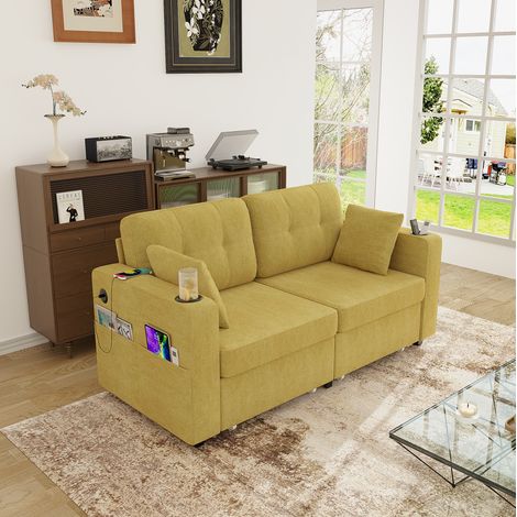 Divano 172x75x82 cm giallo senape in chenille con portabicchieri, USB e contenitore (1/5)