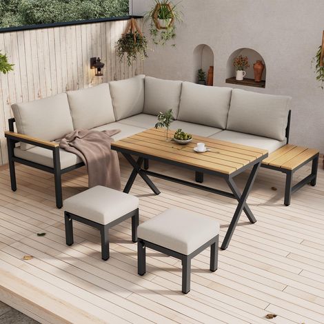 Salon de jardin dînatoire, Salon de jardin bas 4 pièces avec canapé d'angle et table haute, Acier galvanisé et bois composite avec étagères de rangement pour terrasse balcon, Gris beige