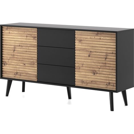Cassettiera: 3 cassetti, 2 ante, 4 ripiani, Nero/Rovere Artigianale, 154 x 83 x 39 cm (1/5)