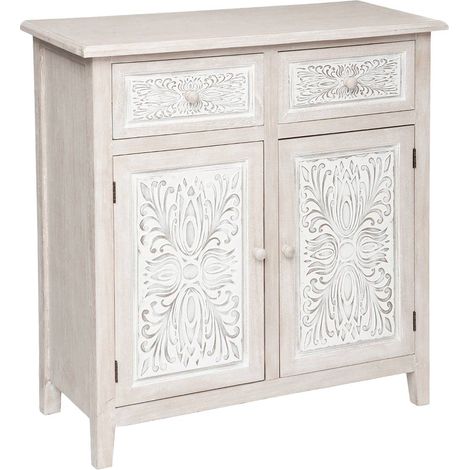 Atmosphera – Buffet en bois de paulownia 2 portes – Dimensions L. 80 x P. 34,5 x H. 85 cm – Motifs floraux sculptés – Prêt à l'emploi