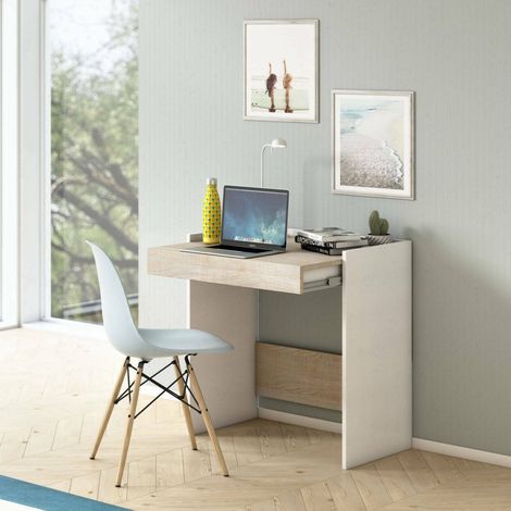 Dmora Escritorio Clematide, escritorio moderno con cajón, Mesa de estudio u oficina para porta libros de PC, 100% Made in Italy, Cm 80x40h79, Blanco y Roble, con embalaje reforzado (1/5)