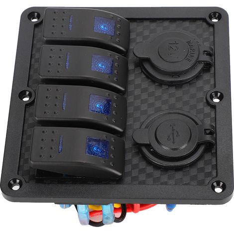 12V/24V 4-fach Wippschalterpanel, IP65 wasserdicht, mit Zigarettenanzünderbuchse und 2 USB-Anschlüssen für Auto und Boot (1/5)