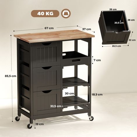Carrello da cucina, carrello ausiliario con ruote, 3 cassetti, 2 ripiani a giorno e vassoio removibile, 67x37x85,5 cm, nero (1/5)