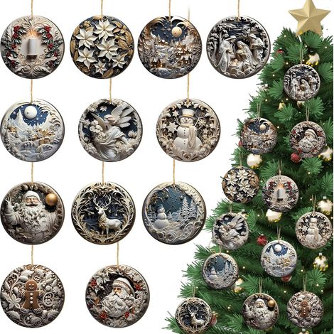 Juego de 36 adornos navideños de madera, de estilo escultural blanco, decoración colgante, redondos de estilo vintage, decoración para árbol de Navidad y fiestas de invierno. (1/5)