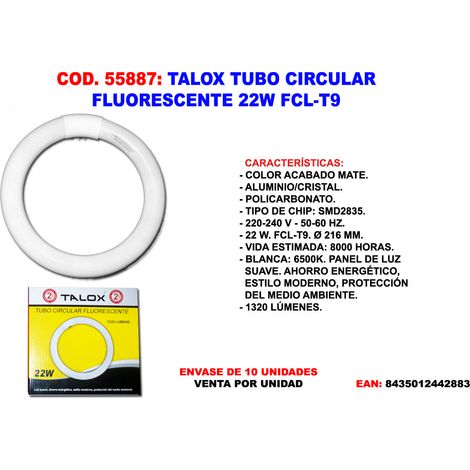 talox tubo circular fluorescente 22 w fcl-t9 1320 lume ø216 mm