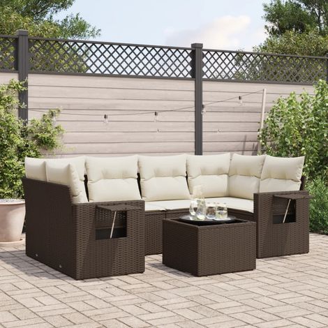 Ensemble Salon Jardin 7 Places Marron Résine Tressée avec Table en Verre Trempé et Coussins (1/5)