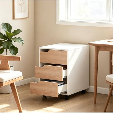 Caisson de rangement mobile en MDF blanc et chêne avec 3 tiroirs et roulettes freins (1/5)