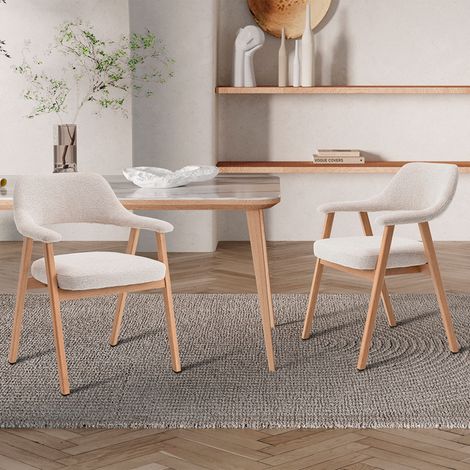 Lot de 2 fauteuils repas en tissu texturé beige et chêne clair