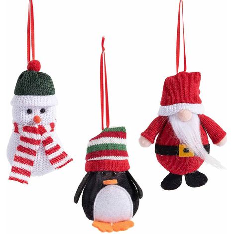 Addobbi albero di Natale a pupazzo di neve, pinguino e Babbo Natale realizzati in maglia e stoffa, set da 18 pezzi, Babbo: cm 9 x 4,5 x 12 H