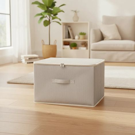 Faltbare Aufbewahrungsbox mit Deckel und Reißverschluss, beige gestreift (1/5)
