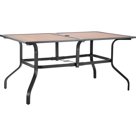 Table de jardin rectangulaire en acier imitation bois, 150 cm, trou pour parasol, mobilier extérieur tout temps, marron (1/5)