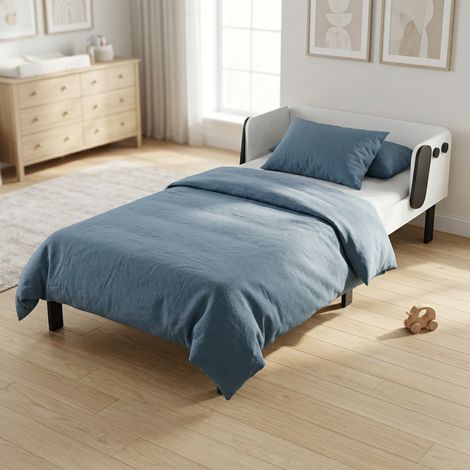 Einzelbett 90 x 200 cm im „Kleiner Hund“-Design, Massivholz-Kiefergestell mit Lattenrost, Rausfallschutz, Weiß