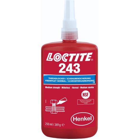Loctite 243, colle bleue 250 ml pour le serrage des filetages métalliques, résistance moyenne, universelle, protège contre le desserrage dû aux vibrations, pour métaux, acier inoxydable, aluminium, ho (1/2)