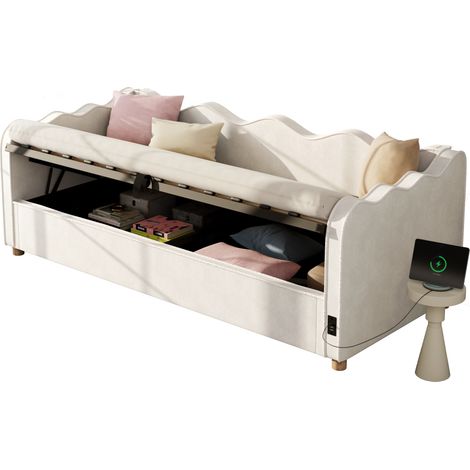 Letto da giorno imbottito 90x200 cm beige in velluto, con contenitore idraulico, testiera/schienale e presa USB-C