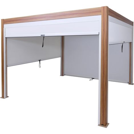 Pergola HHG-263 mit Seitenwand, Lamellen-Pavillon Rollo, 10cm-Alu-Gestell, sturmfest 3x3m Gestell Holzoptik, weiß